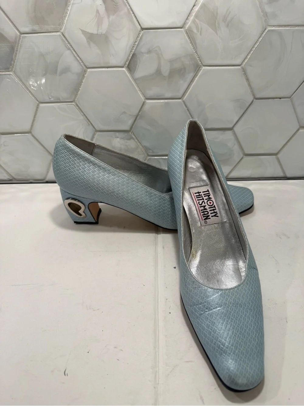 Timothy Hitsman VTG Textured Light Blue Pump Shoe Metal Heart Block Heel 5.5-6?